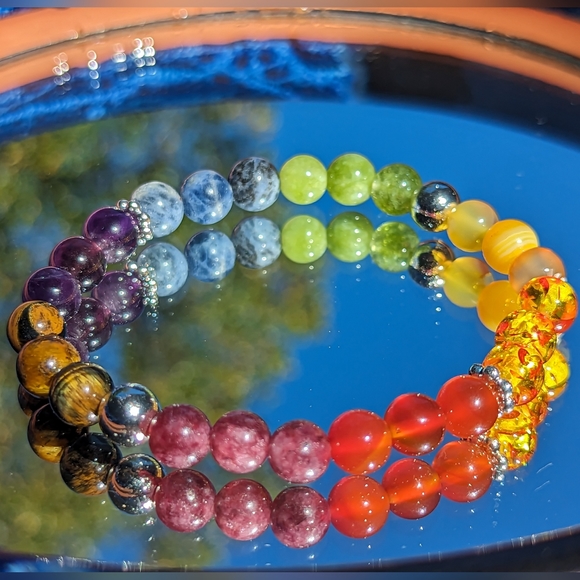 Vibrant Rainbow gemstone beaded stretch stackable bracelet 19" 7.5" - Picture 3 of 6